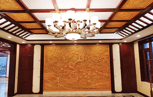 河北中式别墅客厅中式木作横梁吊顶装饰展示